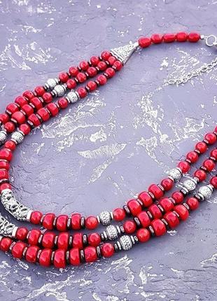 Намисто трьохрядне з натуральних коралів та гематиту червоні намиста з натурального корала