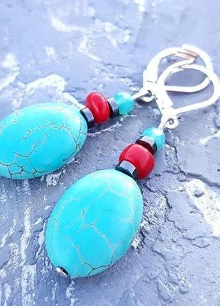 Серьги из бирюзы с кораллами гематитом и серебряными застежками