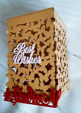 Скринька з метеликів для грошових дарів 24х15х15 см з фарбуванням,"best wishes"(найкращі побажання)2 фото