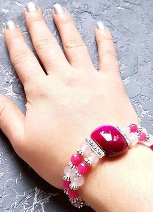 Комплект з натуральних агатів та кристалів браслет і сережки браслет рожевий сережки рожеві фуксія5 фото