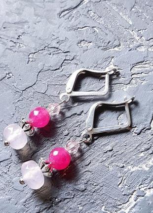 Комплект з натуральних агатів та кристалів браслет і сережки браслет рожевий сережки рожеві фуксія3 фото