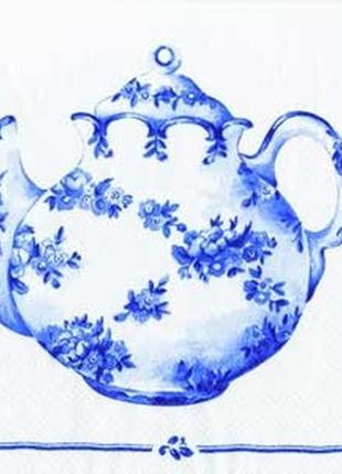 Салфетка чайничек и чашки (голубой на белом)  2-7263