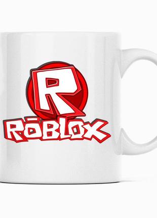 Білий чашка (кухоль) з оригінальним принтом онлайн ігри roblox "червоно-білий напис roblox. роблокс"