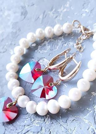 Натуральный жемчуг и swarovski комплект браслет и серьги в позолоте подарок на 8 марта девушке