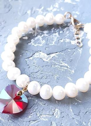 Браслет з натуральних перлів та swarovski у формі серця подарунок дівчині на день валентина