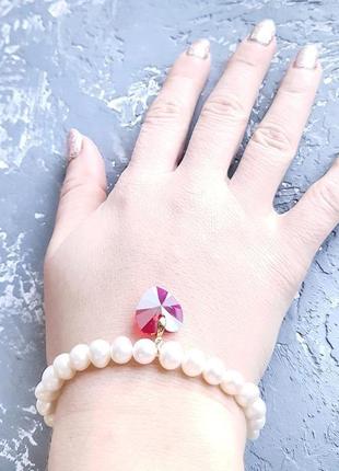 Браслет з натуральних перлів та swarovski у формі серця подарунок дівчині на день валентина4 фото