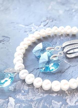 Натуральні перли та swarovski  комплект браслет та сережки подарунок на 8 березня дівчині