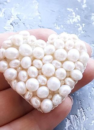 Брошка серце з натуральних перлів високого класу брошь белого жемчуга подарок 8 марта жене девушке1 фото