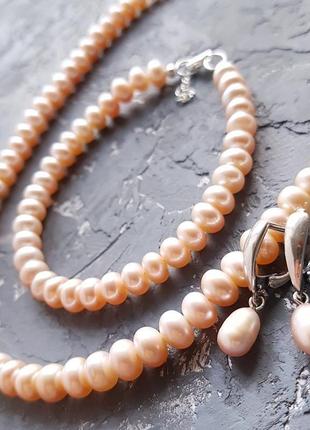 Срібло і натуральні перли комплект намисто браслет сережки5 фото