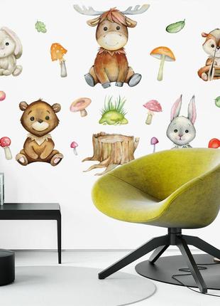 Вінілова інтер'єрна наклейка кольорова декор на стіну, шпалери та інші поверхні "звірятка. гриби.