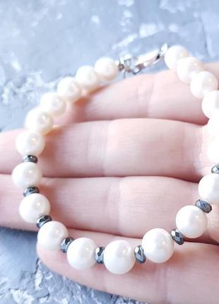 Комплект  з натуральних перлів браслет та сережки з гематитом браслет серьги из натурального жемчуга3 фото
