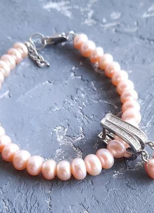 Браслет та сережки з натуральних персиково - рожевих перлів2 фото