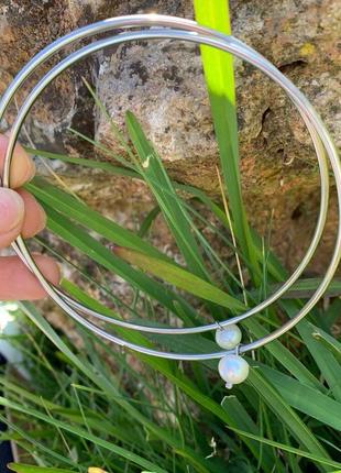 Серьги - кольца стальные с белым жемчугом ′ундина′2 фото