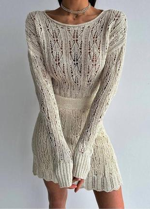 Костюм ажурное лонгслив юбка кремовый1 фото