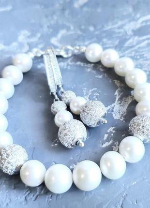 Комплект из натурального жемчуга браслет из крупных жемчужин и серьги с жемчугом и кристаллами