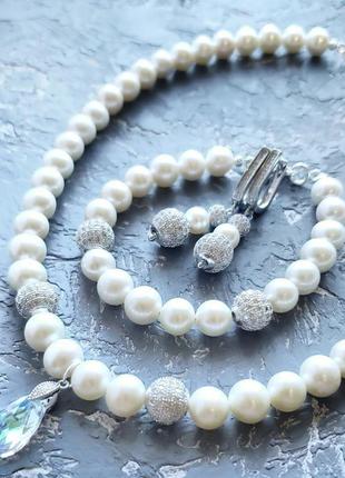 Комплект из натурального жемчуга браслет из крупных жемчужин и серьги с жемчугом и кристаллами