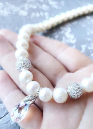 Комплект весільних чи святкових прикрас з великих натуральних перлів кольє браслет та сережки3 фото