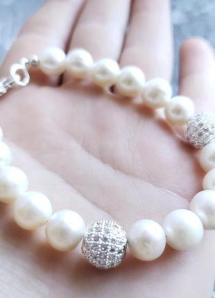 Комплект весільних чи святкових прикрас з великих натуральних перлів кольє браслет та сережки5 фото