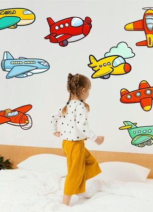 Виниловая интерьерная наклейка цветная декор на стену, обои и другие поверхности "цветные самолеты"