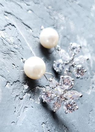 Сережки з натуральними перлами та кристалами циркону святкові чи весільні серьги с жемчугом