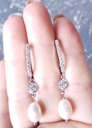 Комплект из натурального жемчуга в серебре с кристаллами циркона колье и серьги для невесты подарок жене6 фото