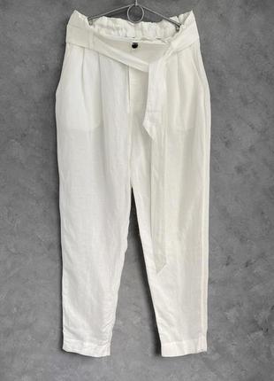 Білі штани з високою талією, штани з льону з високою посадкою3 фото