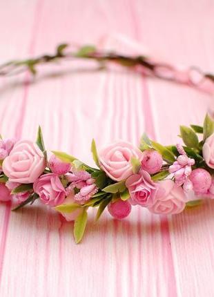 Асиметричний вінок віночок з квітами рожевий1 фото
