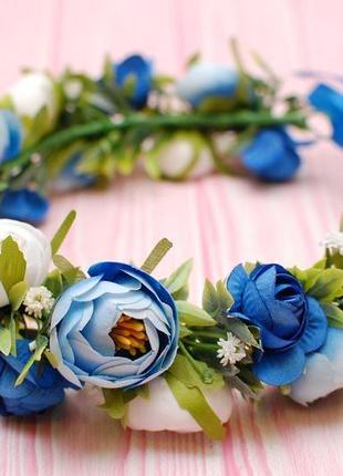 Вінок віночок з квітами біло-голубо-синій6 фото