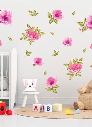 Вінілова інтер'єрна наклейка кольорова декор на стіну, шпалери та інші  "рожеві квіти з листям"