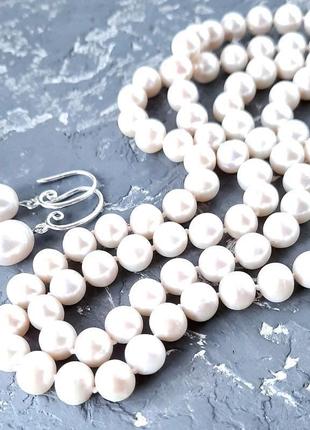Комплект з натуральних перлів довге намисто і сережки1 фото