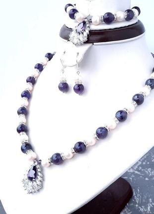 Комплект з натуральних перлів та аметисту кольє браслет сережки5 фото