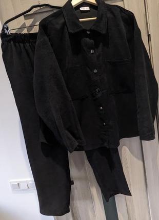 Вельветовий костюм сорочка та завужені брюки чорний великий розмір6 фото