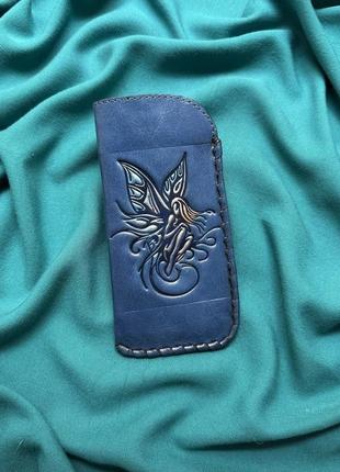 Синий кожаный очечник "эльф"2 фото