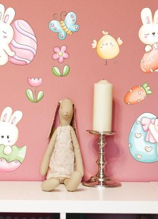 Вінілова інтер'єрна наклейка кольорова декор на стіну, шпалери та інші поверхні "зайці із яйцями"