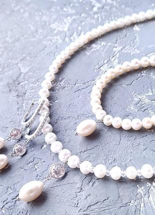Комплект из натурального жемчуга в серебре с кристаллами циркона