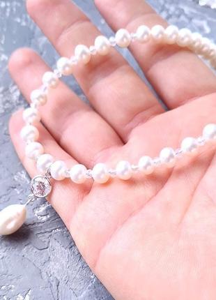 Комплект из натурального жемчуга в серебре с кристаллами циркона