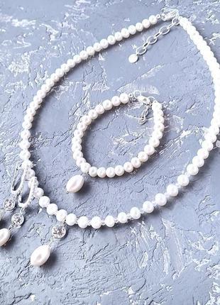 Комплект из натурального жемчуга в серебре с кристаллами циркона