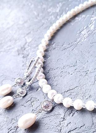 Серебряные украшения для невесты колье и серьги с жемчугом