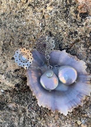 Сережки з барочними сіро-ліловими перлами ′′сніжинки′6 фото