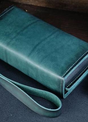Шкіряний гаманець тревел з ремінцем, шкіра італійський краст, колір зелений2 фото