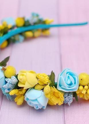 Обруч ободок з квітами жовто-блакитний2 фото