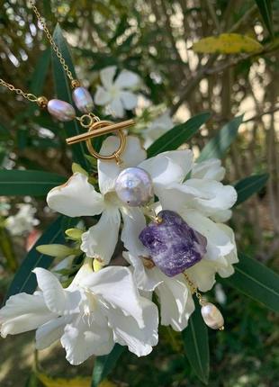 Кольє з ліловими перлами та аметистом ′дзвіночок′