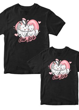 Парні футболки для закоханих із принтом "our love. одне кохання. закохані котики на серці"3 фото
