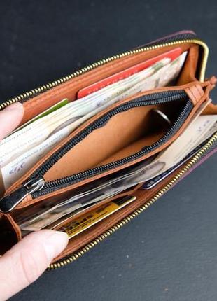 Кожаный кошелек на круговой молнии, кожа краст, цвет бордо