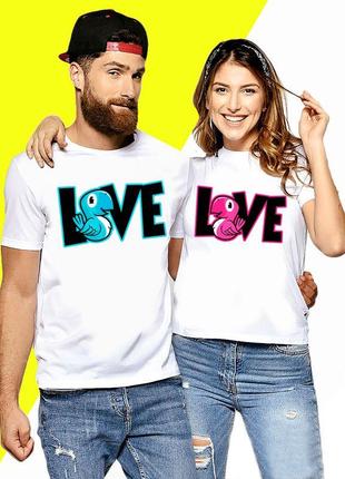 Парні футболки для закоханих із принтом "love. два папуги. кольорові папуги" push it