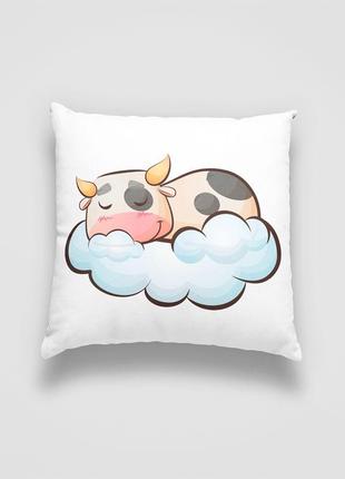 Подушка декоративна з дитячим оригінальним принтом "спляча корівка на хмарі. sleeping cow" push it1 фото