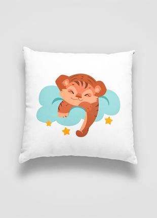 Подушка декоративна з дитячим оригінальним принтом "спляче тигреня на хмарі. sleeping tiger" push it