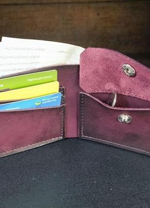 Кожаный кошелек, портмоне на застежке с монетницей, кожа итальянский краст, цвет бордо4 фото