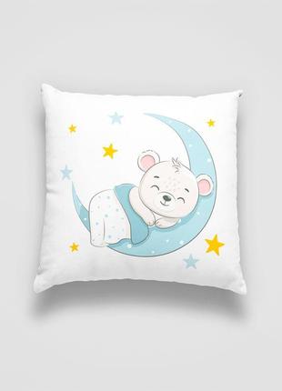 Подушка декоративна з дитячим оригінальним принтом "сплячий білий ведмедик на місяці. sleeping bear"2 фото
