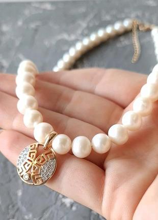 Комплект з натуральних перлів у позолоті кольє та сережки5 фото